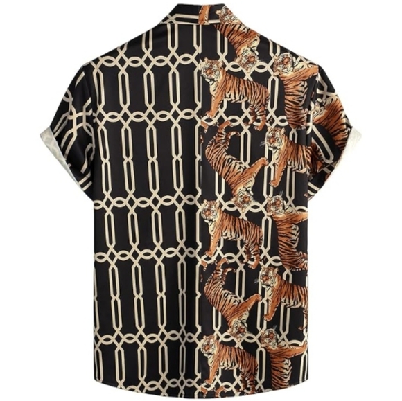 Hawaiian Flamingo Casual Tropical Short Sleeve Shirt Black Tiger - Picture 2 of 6